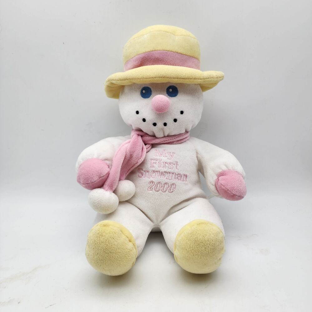 Vintage My First Snowman 2000 Plush Toy 10" Rattle Pink Yellow Main Joy Limited